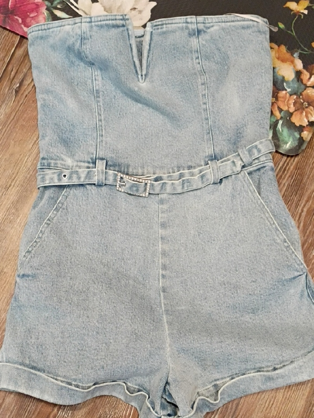 Generation Love Denim Strapless Jean Romper with Belt - Women Jeans Overalls